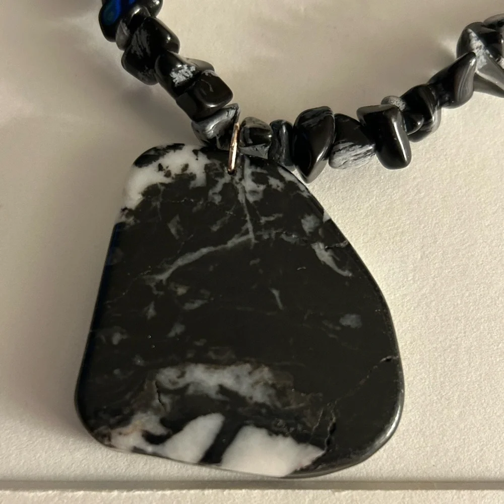 Vintage Necklace Lion Cub hand-carved Jasper stone, Snowflake Obsidian beads